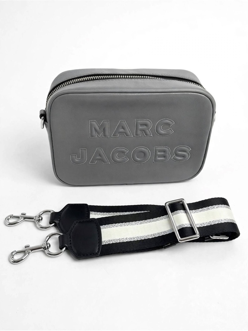 Marc Jacobs Gray Leather Crossbody Camera Bag with Black and White Striped Strap